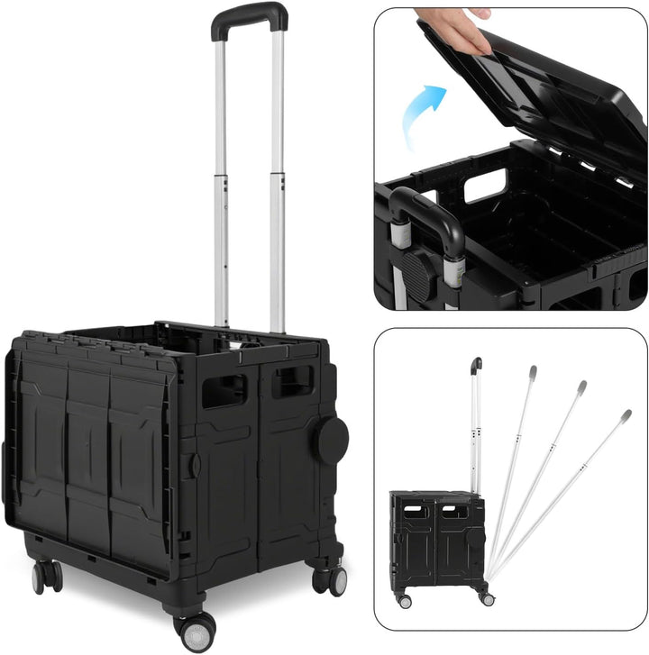 Faltbarer Einkaufswagen 45L mit Deckel, 2-Rad Trolley, höhenverstellbarer Griff, 40kg Traglast, Tran