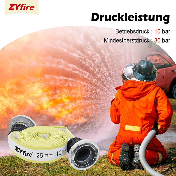 ZYfire Feuerwehrschlauch 25mm x 10m | 1 Zoll Schlauch mit D-Storz Kupplung | Flexibler Wasserschlauc