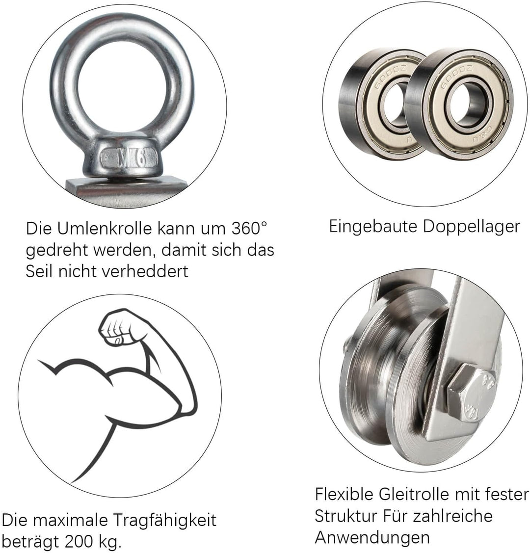 40mm Umlenkrolle mit 2 Kugellager, Edelstahl Fitness flaschenzug，Umlenkrollen für 8mm Seile Stahlsei