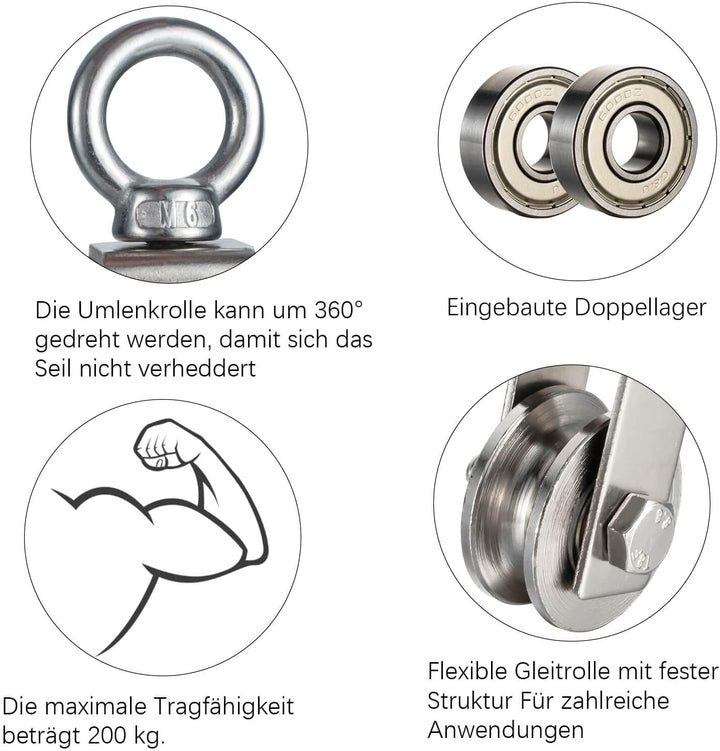 40mm Umlenkrolle mit 2 Kugellager, Edelstahl Fitness flaschenzug，Umlenkrollen für 8mm Seile Stahlsei