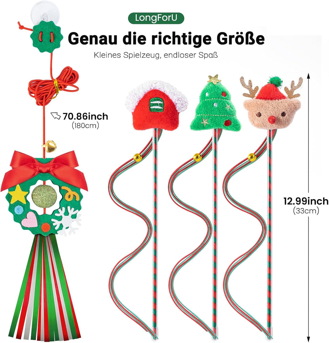 4 Stück Katzen Spielzeug Weihnachten Set - Interaktives Katzenangel Katzenspielzeug-Stab und Katzens
