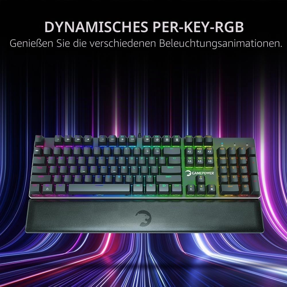 GAMEPOWER Ogre RGB Gaming Tastatur, Blue Switch Mechanical Keyboard, QWERTZ DE-Layout, mit Handgelen