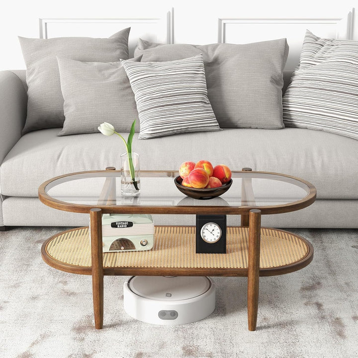 LIFEZEAL Couchtisch Glas aus Holz, Wohnzimmertisch mit 2 Ebenen, Sofatisch Glastisch aus Massivholz,