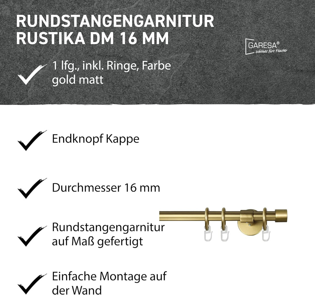 Garesa Gardinenstange Rustika Ø 16mm, 1-läufig, Gold, matt I Rustikale Vorhangstange aus Metall inkl