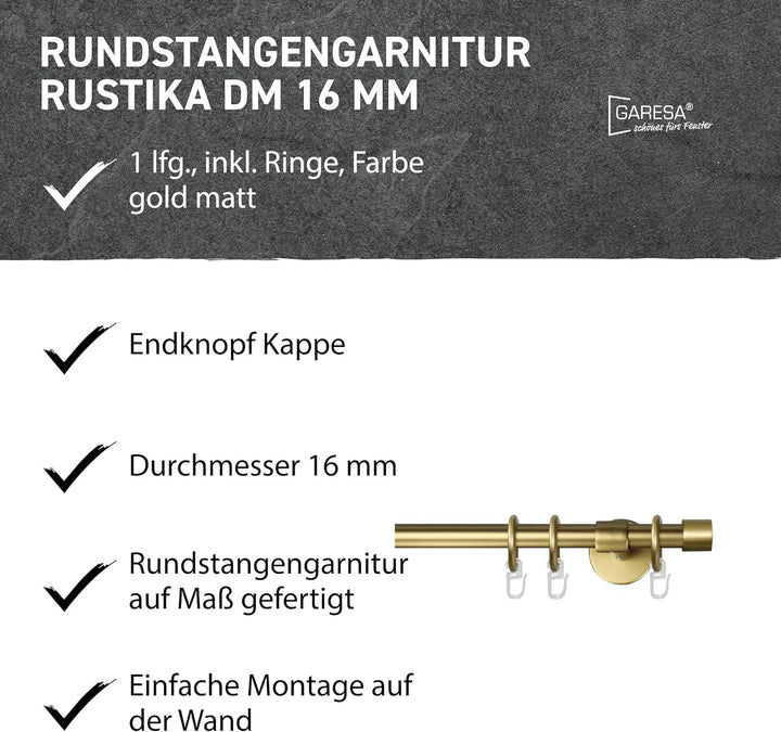 Garesa Gardinenstange Rustika Ø 16mm, 1-läufig, Gold, matt I Rustikale Vorhangstange aus Metall inkl