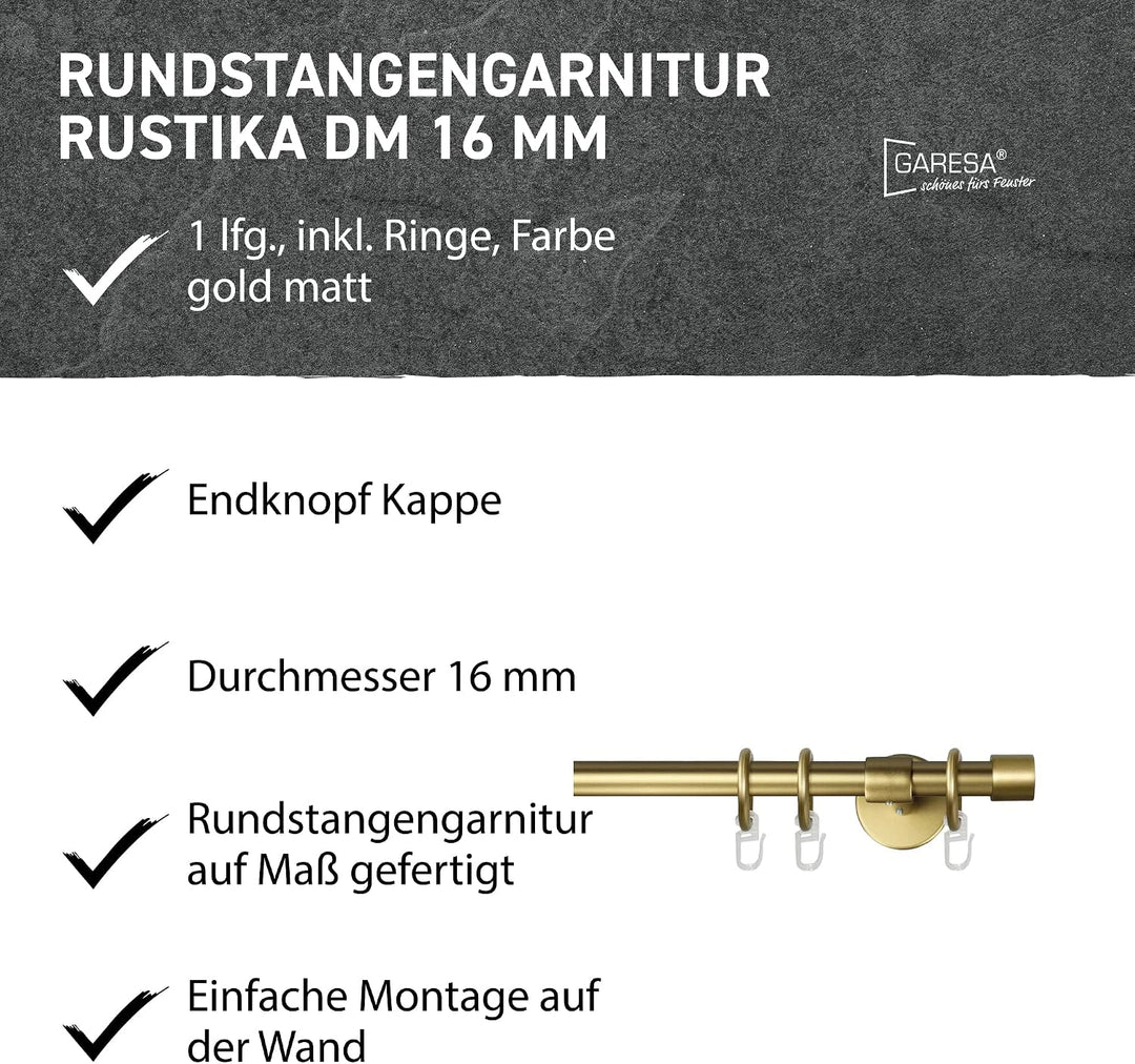 Garesa Gardinenstange Rustika Ø 16mm, 1-läufig, Gold, matt I Rustikale Vorhangstange aus Metall inkl