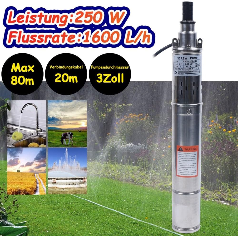 3" Zoll 250W Tiefbrunnenpumpe Brunnenpumpe Schraubenpumpe Tauchpumpe 1600 L/h