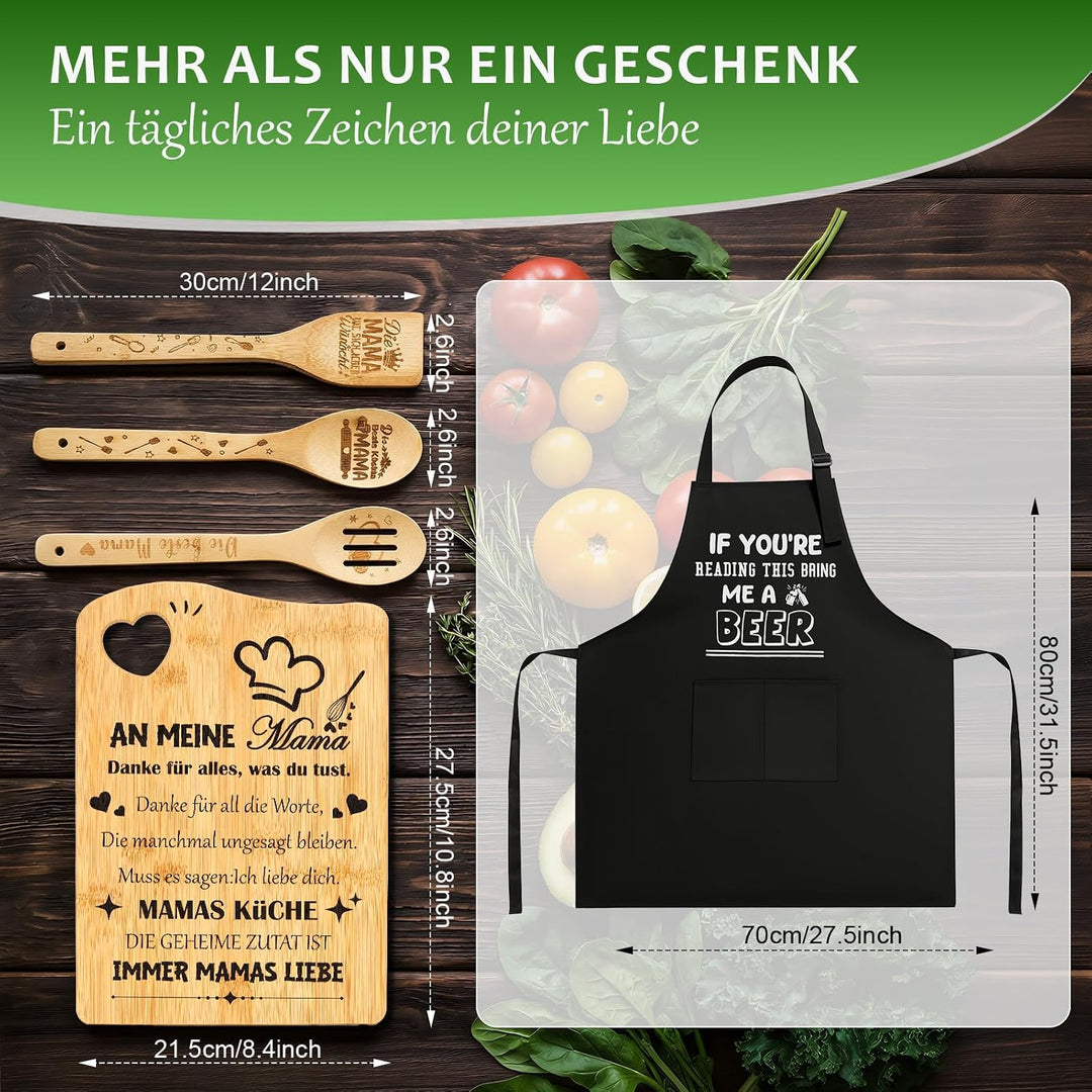 Geschenk für Mama Set, Muttertagsgeschenke Bambus-Holzbrett Personalisierte Schneidebrett mit Schürz