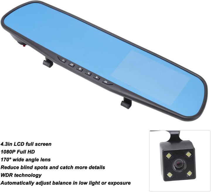 Spiegel-Dashcam für Auto, 4,3-Zoll-Rückspiegelkamera, LCD-Vollbild, 1080p-Loop-Aufzeichnung, Rückfah