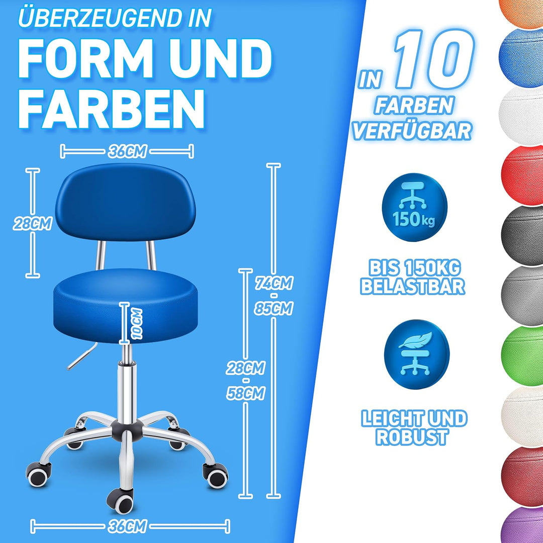 TRESKO® Rollhocker mit Lehne höhenverstellbar 10cm Dicke Polsterung Drehbar | Hocker 46-58cm | Arbei