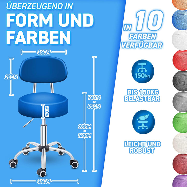 TRESKO® Rollhocker mit Lehne höhenverstellbar 10cm Dicke Polsterung Drehbar | Hocker 46-58cm | Arbei