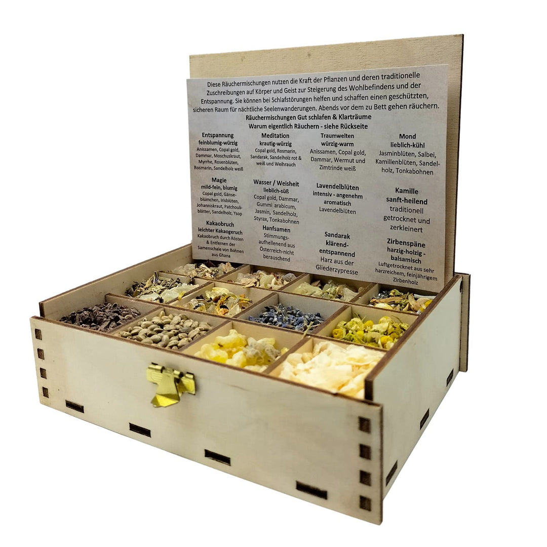 Räucherbox Geschenkbox mit 12 Sorten Räuchermischungen Gut schlafen & Klarträume, 14 x 10 x 4 cm, Gu