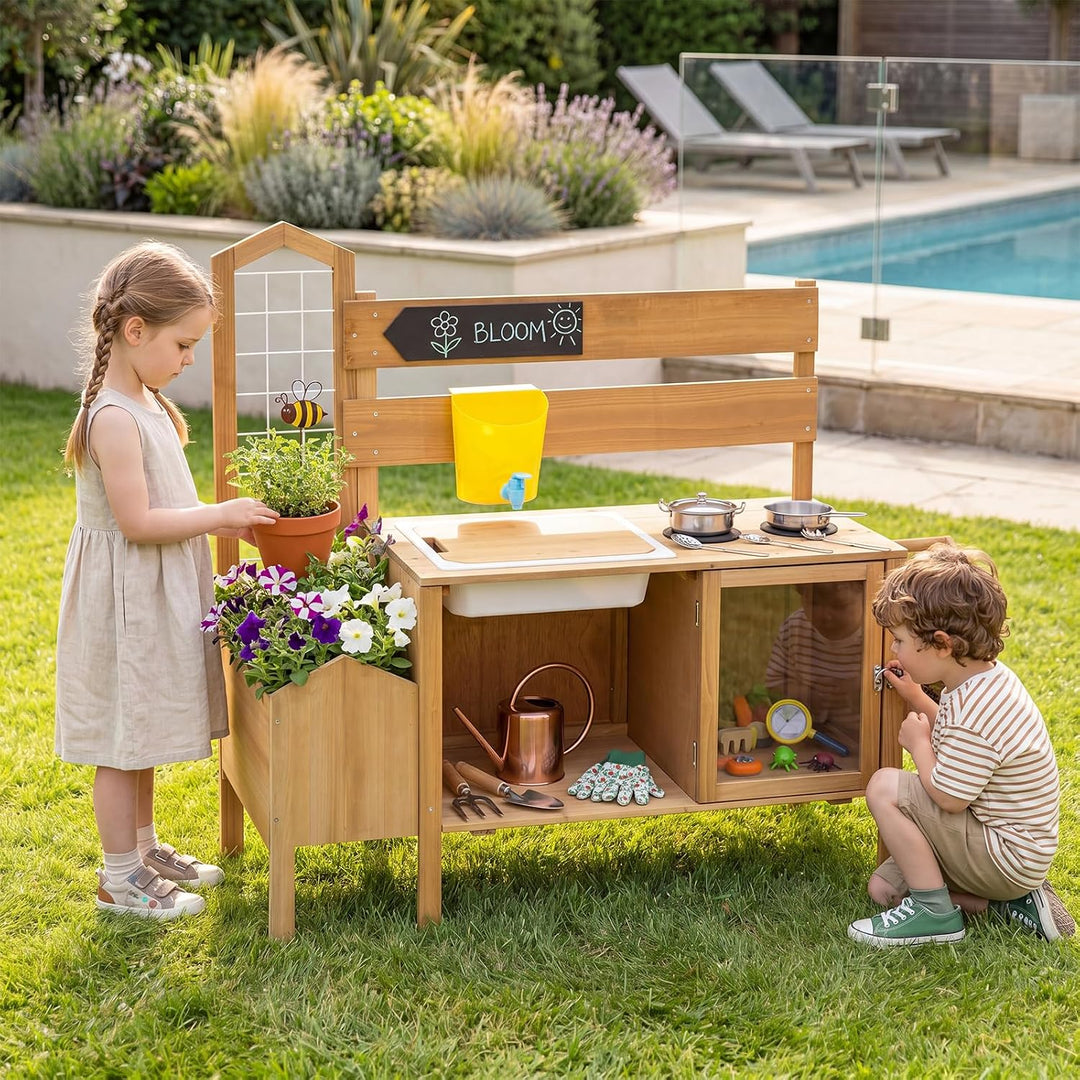 DREAMADE Matschküche Kinder Outdoor, Mud Kitchen Holz | Küche Kinder mit Rankgitter, Pflanzkasten &amp;
