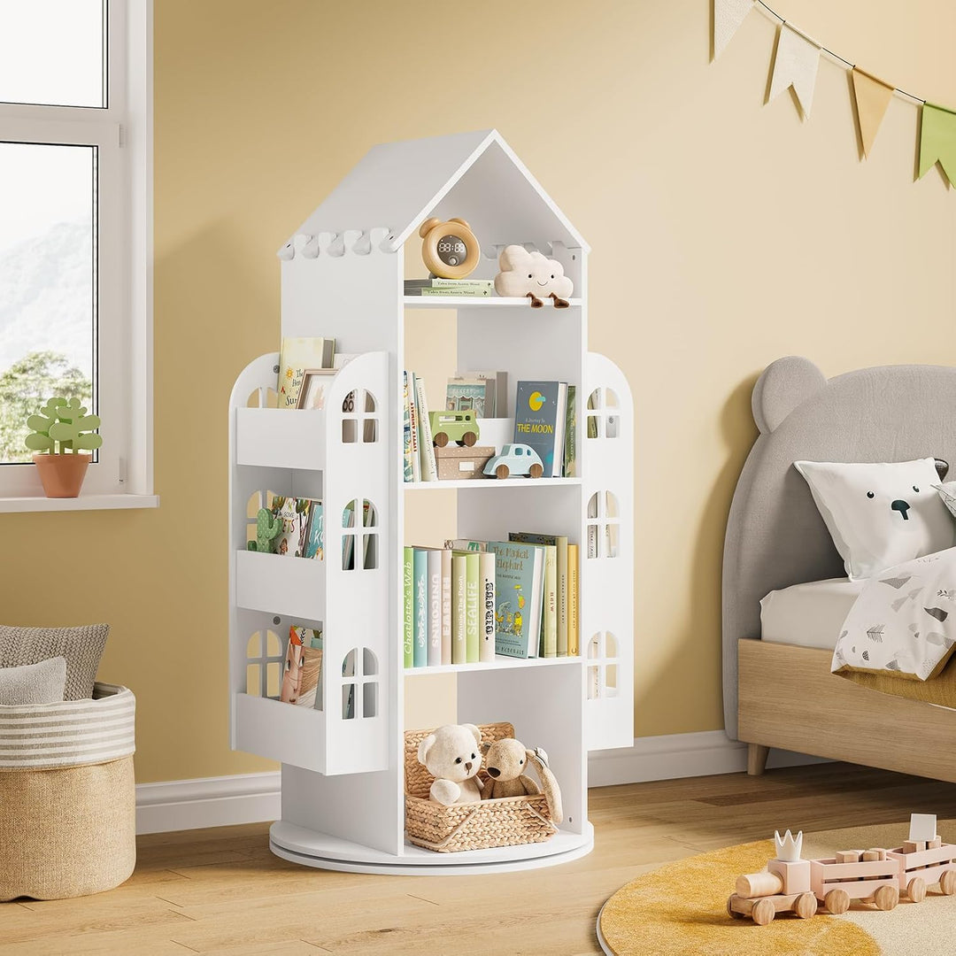 WOLTU Drehbares Bücherregal Kinder, Kinderregal Kinderbücherregal, Mit 4 Ebenen 2 Seitenregalen, Reg