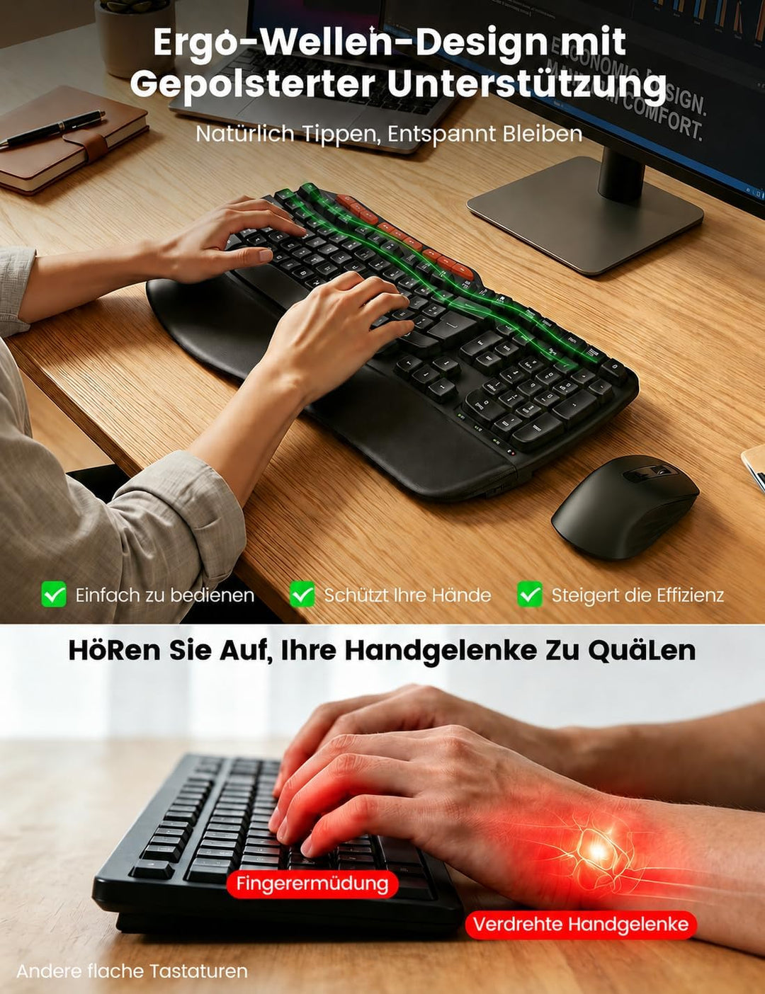 Tastatur Maus Set Kabellos, 2,4GHz Wave Tasten in Voller Grösse, Ergonomische Tastatur mit Gepolster