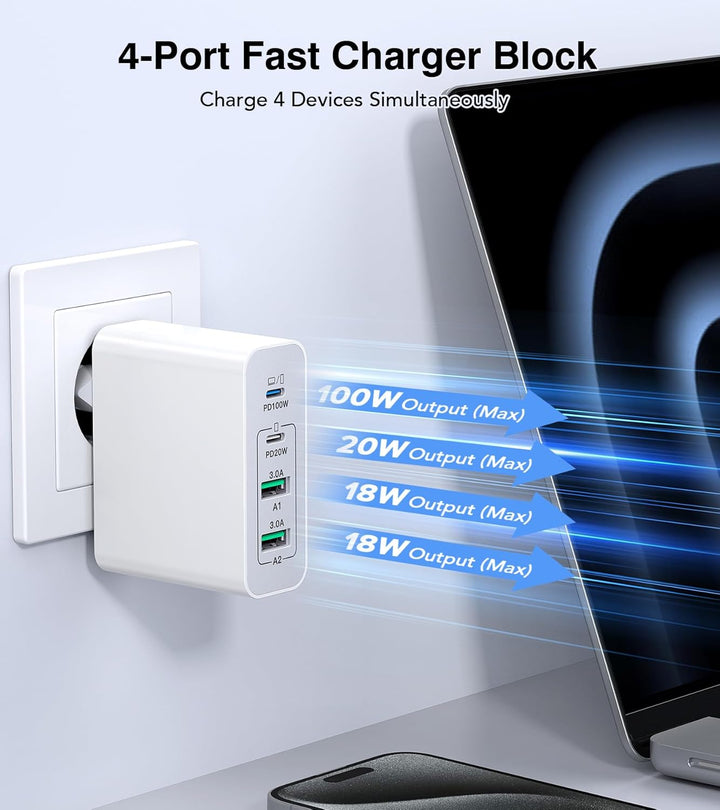 100W 6-Port Adapter Mehrfach Ladegerät mit USB-C und USB-A, Schnellladegerät PD 3.0 Charger Power Ne