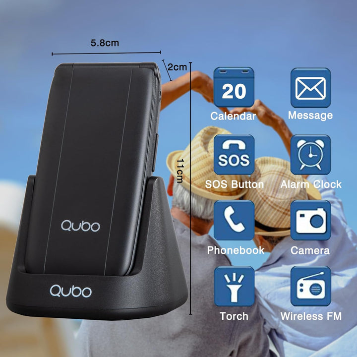 Qubo Flip Phone for Seniors with Charge Station,Simlock-Free Senior Mobile Phone Folding Mobile Phon