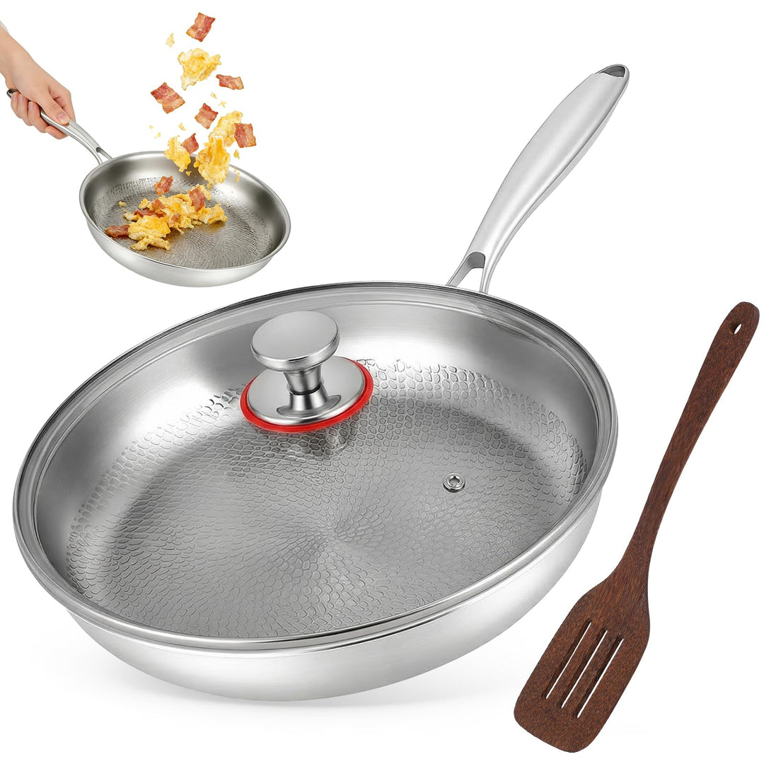 Titan Bratpfanne 28 cm mit Deckel–Unbeschichtete Pfanne aus 99,7% reinem Titan &amp; 316L Edelstahl, ohn