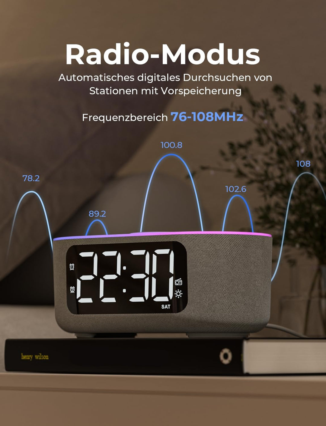 LIORQUE Digitaler Radiowecker mit Kabelloser Ladestation, Bluetooth Wecker mit Licht, 15W Fast Wirel
