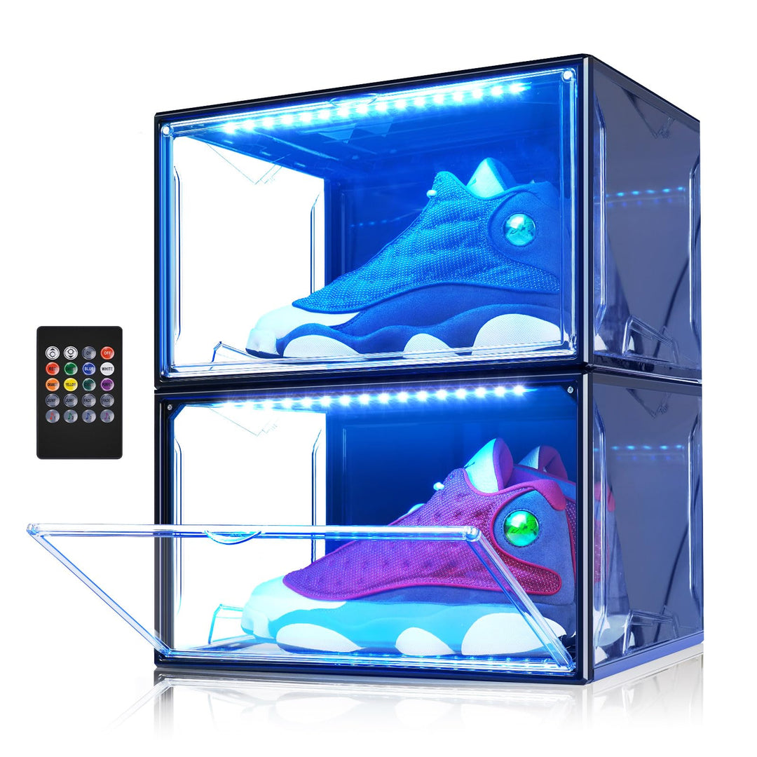 LED Schuhboxen Stapelbar, 2er Set, Schuh-Organizer aus Kunststoff, Schuhaufbewahrung Platzsparend, M