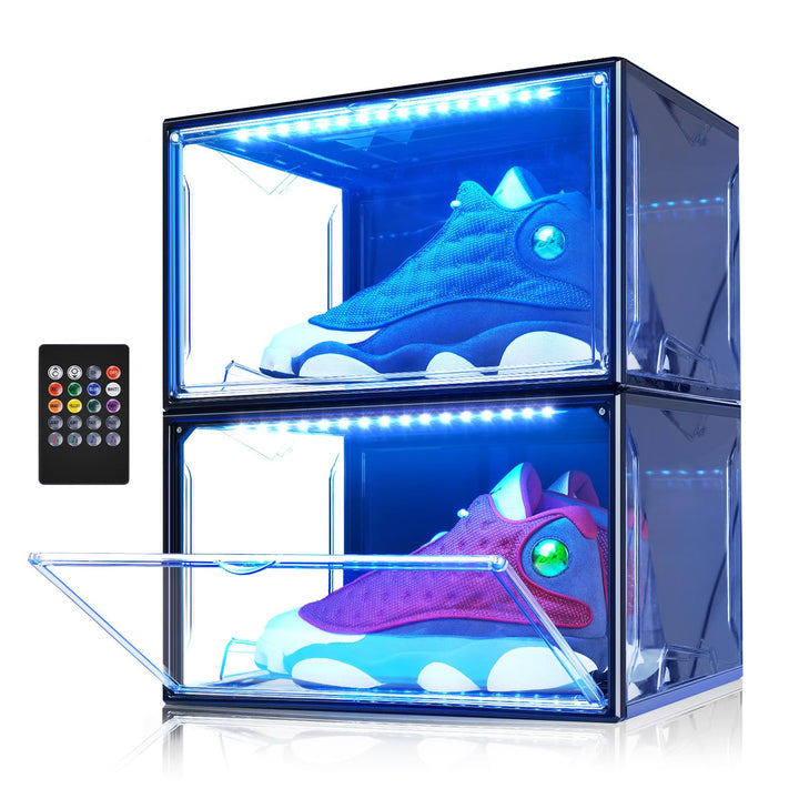 LED Schuhboxen Stapelbar, 2er Set, Schuh-Organizer aus Kunststoff, Schuhaufbewahrung Platzsparend, M
