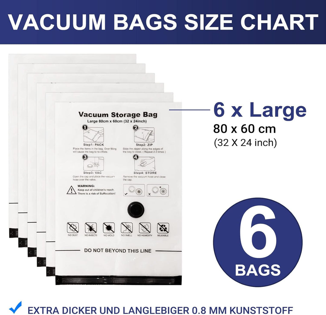 Accenter Vakuumbeutel für Kleidung Reise – 6 Stück à 80x60 cm, Vakuumbeutel für Bettdecken Platzspar