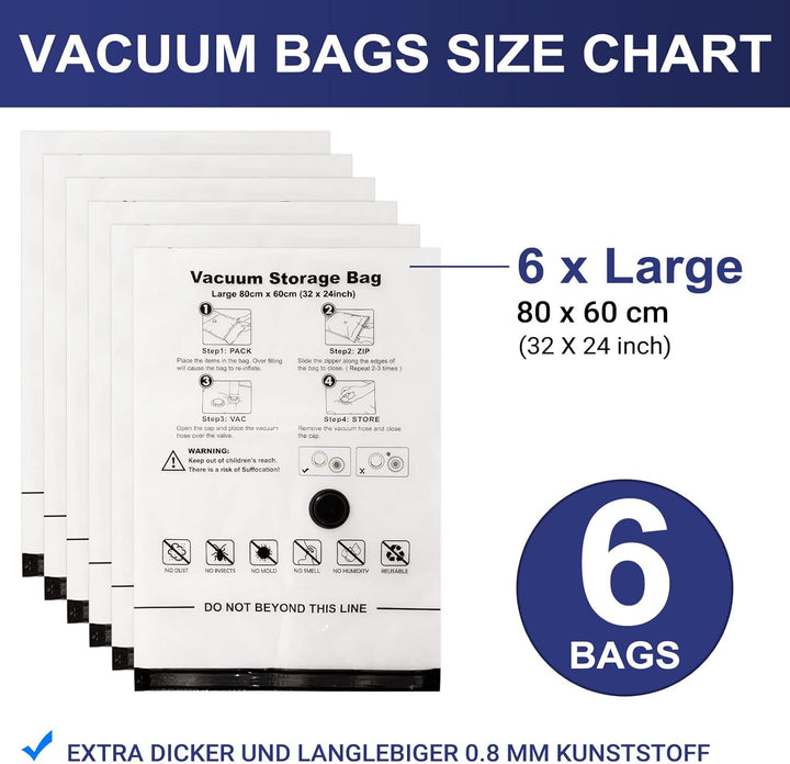 Accenter Vakuumbeutel für Kleidung Reise – 6 Stück à 80x60 cm, Vakuumbeutel für Bettdecken Platzspar