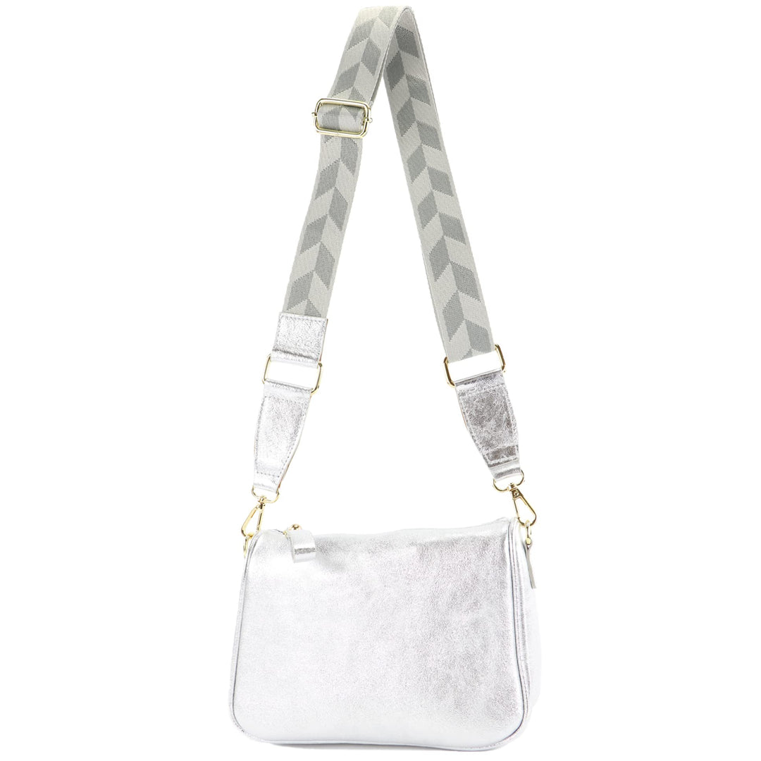 modamoda de - T230 - ital. Umhängetasche Klein Small aus Leder Silber-metallic, Silber-metallic