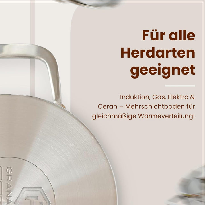 GRANA HOME Induktions Kochtopf aus 100% Edelstahl mit Deckel aus Glas mit Dampfloch, Bratentopf für