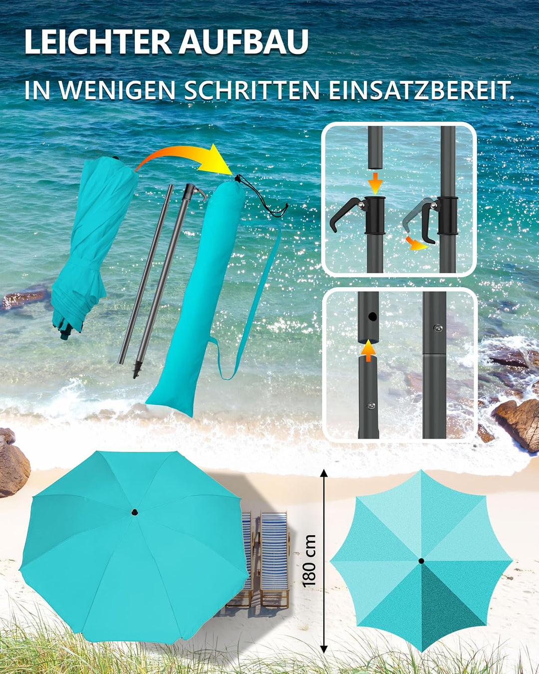4smile Sonnenschirm Strand Ø 180 cm, Türkis | UPF 50+ Strandschirm, sicherer Sonnenschutz Strand, St