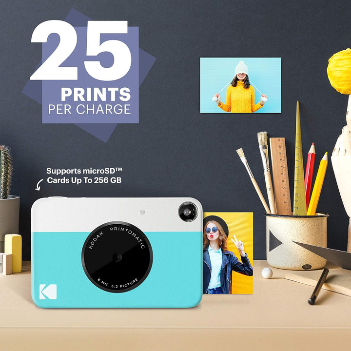 KODAK Printomatic Sofortbildkamera (Blau) Geschenkpaket + Zinkpapier (20 Blatt) + Deluxe-Etui + 7 lu