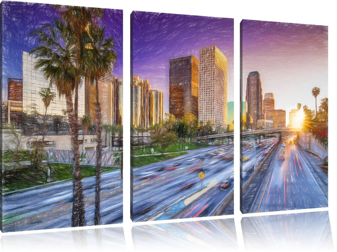 Pixxprint Strassenverkehr in Los Angeles als Leinwandbild/Grösse: 3 Teilig (120x80) cm/Wandbild/Kuns