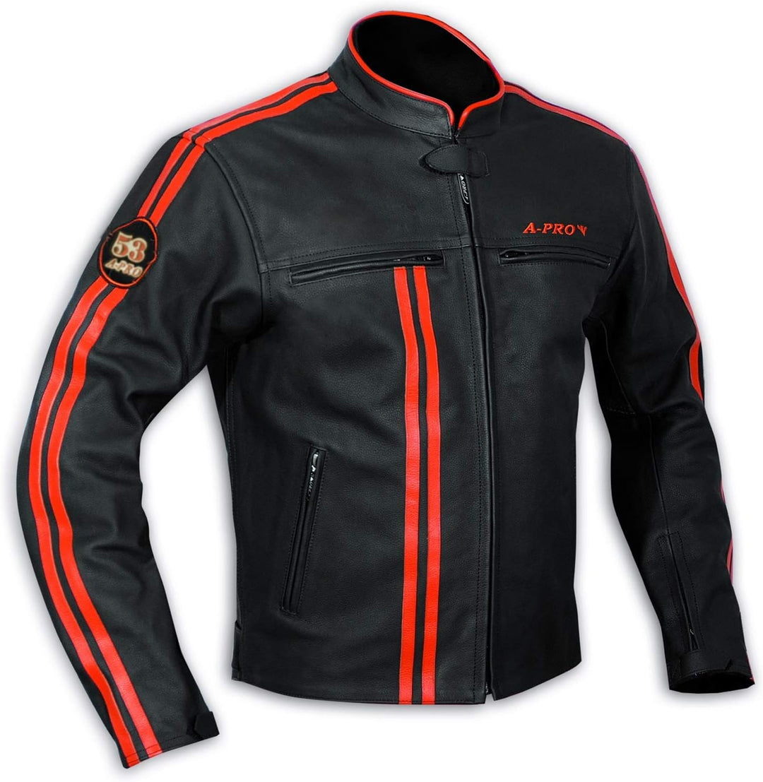 A-Pro Jacket Leather Mens Biker Motorcycle CE Protectors Armored Orange L L Orange, L Orange