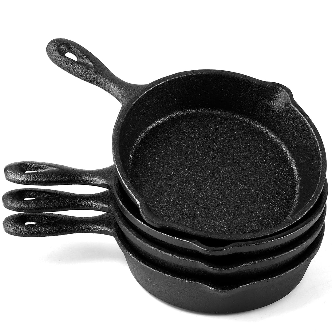 4 Stück Mini Gusseisenpfanne, 10.2cm Gusseisenpfanne klein mit Ausgiesser, Schwarze Kleine Bratpfann