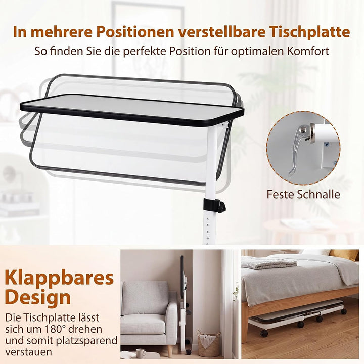 COSTWAY Betttisch auf Rollen, höhenverstellbarer Pflegetisch mit in Mehreren Winkeln neigbarer Platt