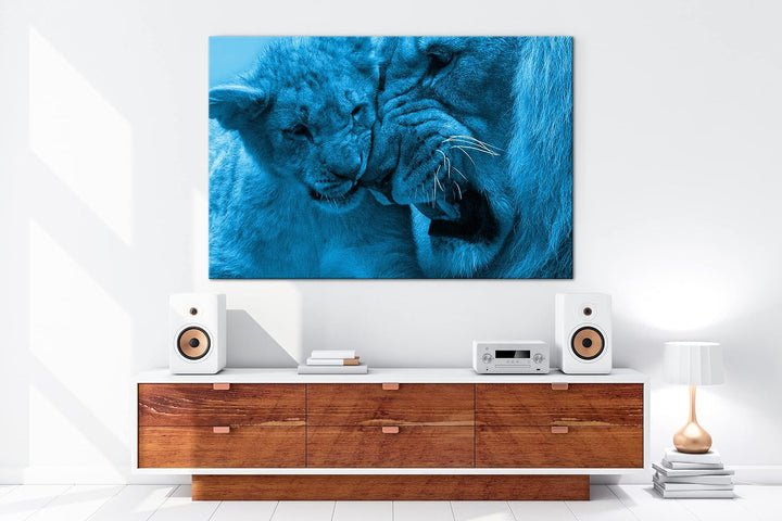 deyoli wilde Löwen Format 80x60 Effekt: Monocrome Blau als Leinwandbild, Motiv fertig gerahmt auf Ec