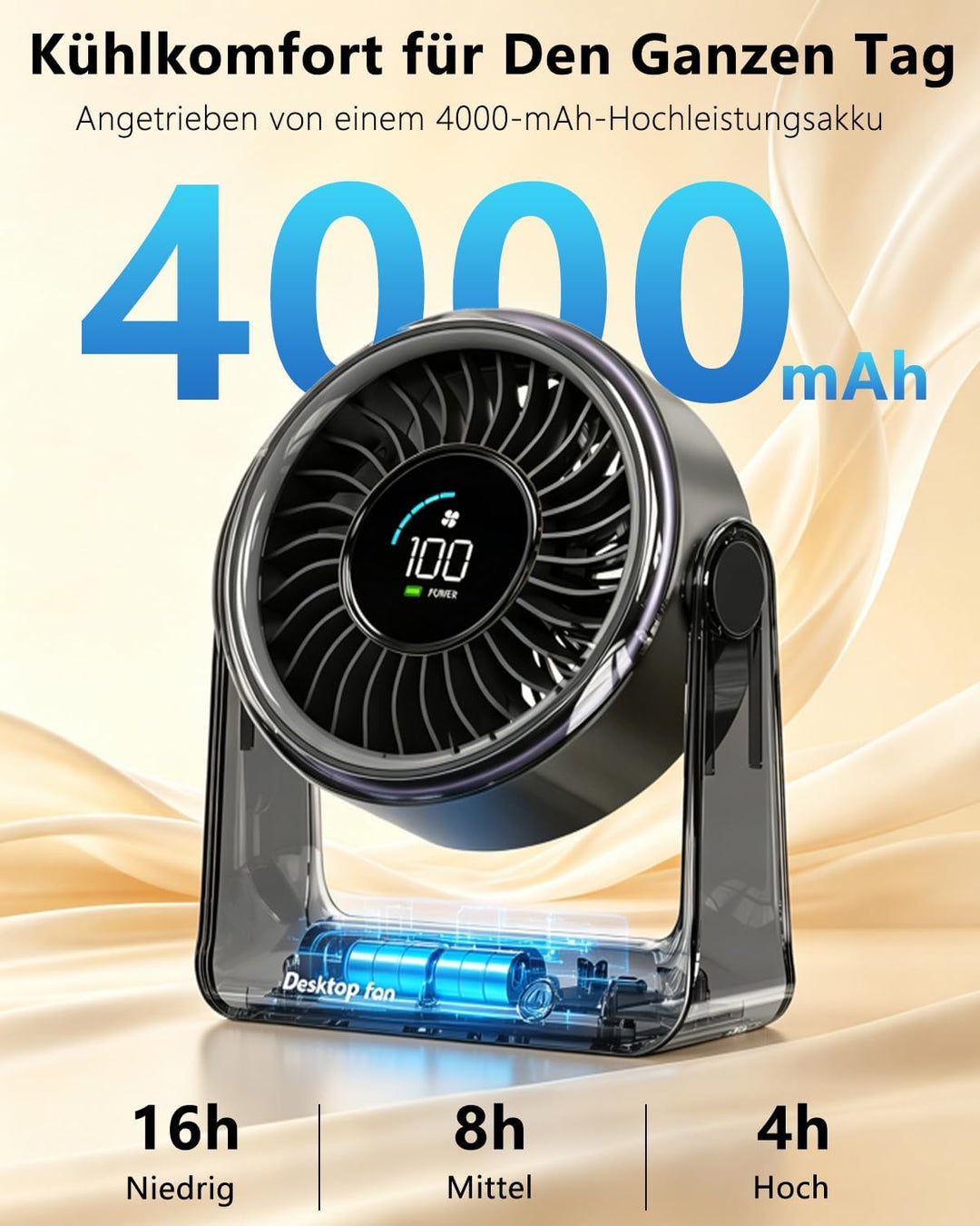 Tischventilator, USB Ventilator Akku, 6 Geschwindigkeiten Leise Ventilator mit LED Display, 360 ° Dr