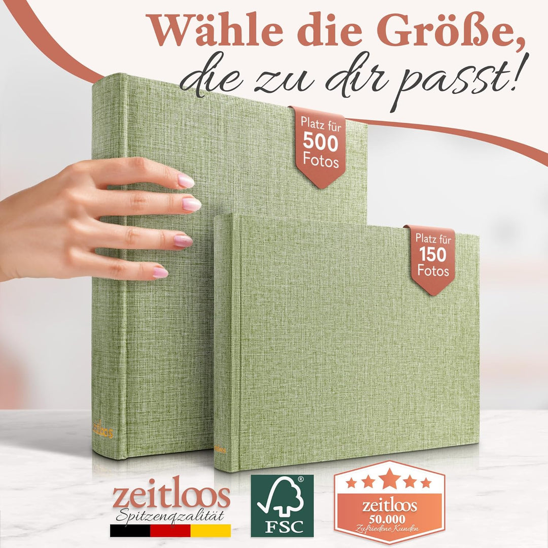 Fotoalbum zum Einkleben - Platz für 500 Fotos (100 Seiten oder 50 Blatt). Echtes leinen in grün Foto