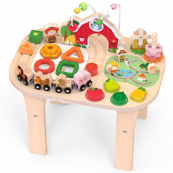Aktivitätstisch für 1-jährige, Holz-Sinnestisch mit Perlen Labyrinth, Formensorter und Tierische Sch