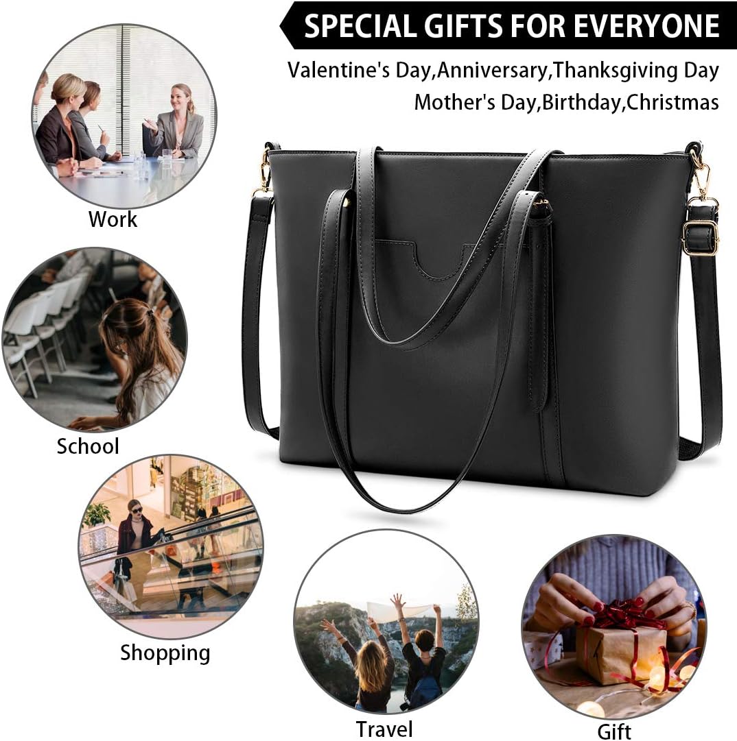 NUBILY Handtasche Shopper Damen Gross 15.6 Zoll PU Leder Shopper Schwarz Laptop Umhängetasche Gross