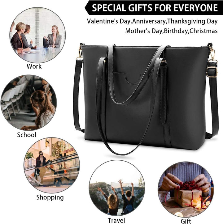NUBILY Handtasche Shopper Damen Gross 15.6 Zoll PU Leder Shopper Schwarz Laptop Umhängetasche Gross