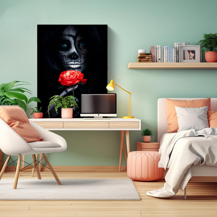 wandmotiv24 Leinwandbild Models, 60x45cm, Hochformat, Frau, Rose, Totenkopf, Deko, Bilder auf Leinwa