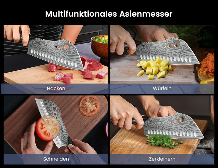 18 cm Küchenmesser mit Kräuterstripper, Asiatisches 3-in-1 Messer kombiniert Hackmesser, Fleischerme