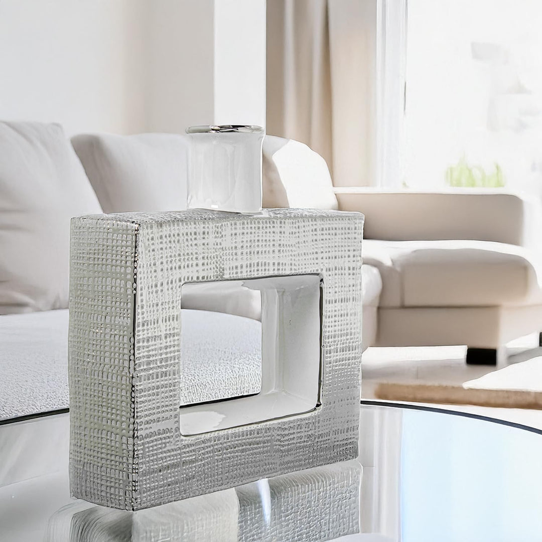 JARRON CERAMICA AGUJERO 24CM PLATA/BLANCO BRILLO_24X6X24CM