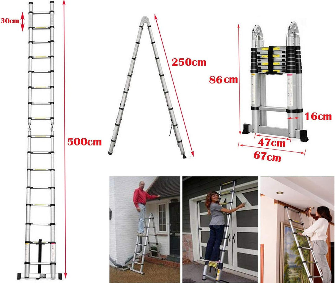 5M Teleskopleiter Alu Leiter 2,5M+2,5M Schiebeleiter Klappleiter Multifunktionsleiter Ausziehleiter