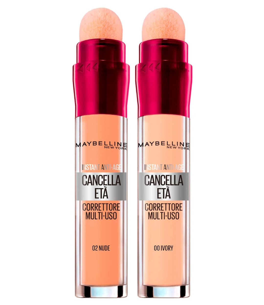 2x Maybelline New York Age-Erasing Liquid Concealer in den Farben 00 Ivory und 02 Nude mit Goji-Beer