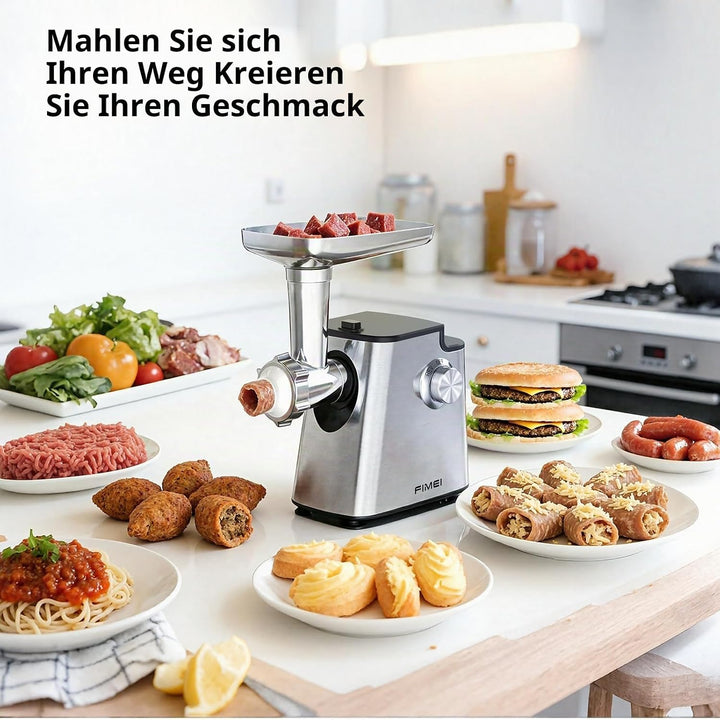 FIMEI Elektrischer Fleischwolf, 4-in-1 Fleischwolf mit 3 Lochscheiben, 2 Klingen, 3 Wurstfüller, Kub