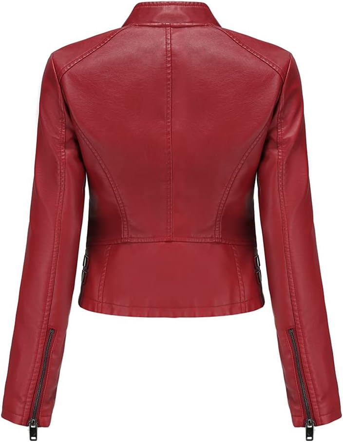 YYNUDA Damen Lederjacke Kurz Bikerjacke Stehkragen Reissverschluss Leder Jacke Übergangsjacke für He