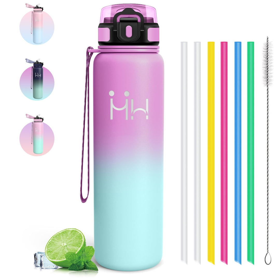 Thermo Trinkflasche 1l - Trinkflasche Edelstahl - Trinkflasche mit Strohhalm - 100% Auslaufsichere -