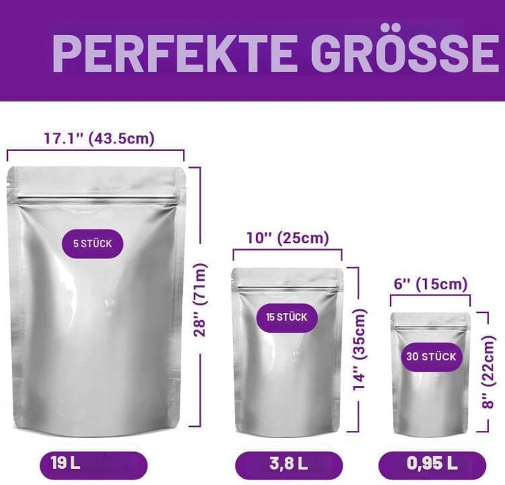 Mylar bags mit sauerstoffabsorber für lebensmittel, 43.5 x 71 cm, 25 x 35 cm, 1 Quart 15 x 22 cm, 8,